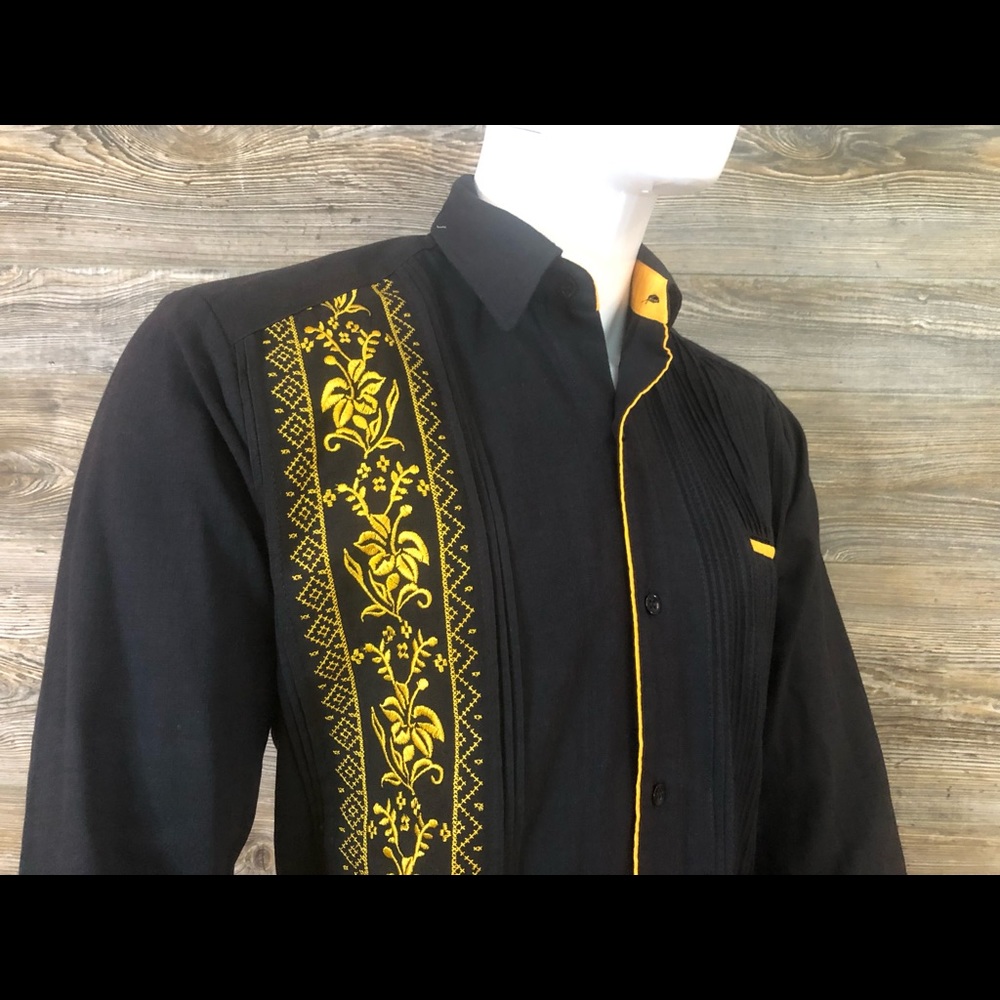 Mens Guayabera Shirt Black Linen Long Sleeve Golden Embroidery Handcrafted Linen - Picture 2 of 9